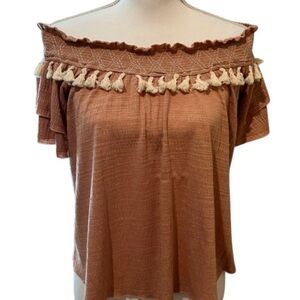 NWT $38 womens Vestique Canyon Trail Top Soft‎ Mauve Size Small 4 6 Off shoulder